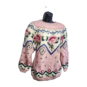 Vintage Grandma Knit Mohair Sweater Women’s Medium Crewnec Embroidered Lined 90s